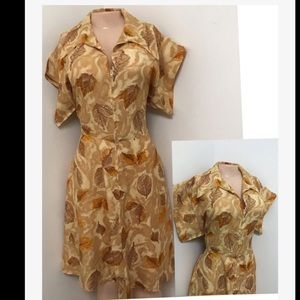 Vintage 70s front zipper leaf print dress 14/16